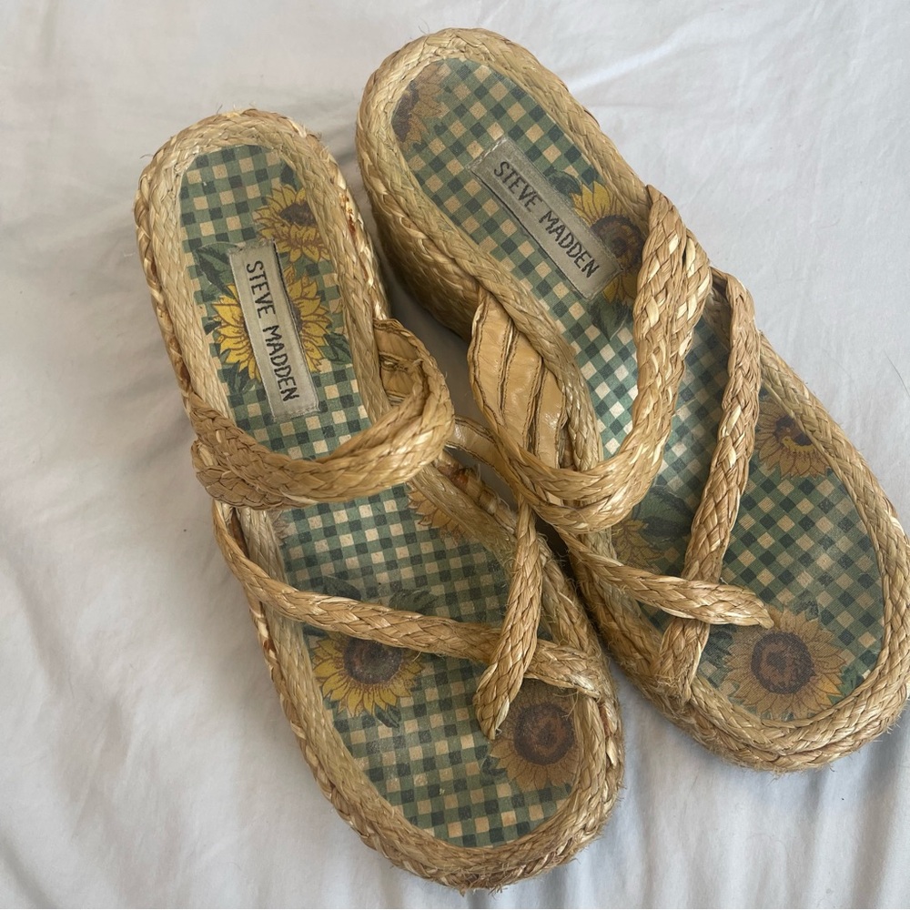Y2K Steve Madden Chunky Platform Heels Sandals Woven Natural Fiber 6.5 - Picture 3 of 9